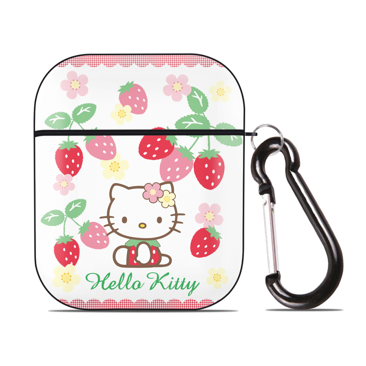 （画像用） Hello Kitty ハローキティ AirPods 第2世代保護ケース ハードシェル ブラック 耐衝撃・防指紋・カラビナ付き