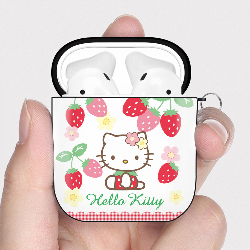 （画像用） Hello Kitty ハローキティ AirPods 第2世代保護ケース ハードシェル ブラック 耐衝撃・防指紋・カラビナ付き