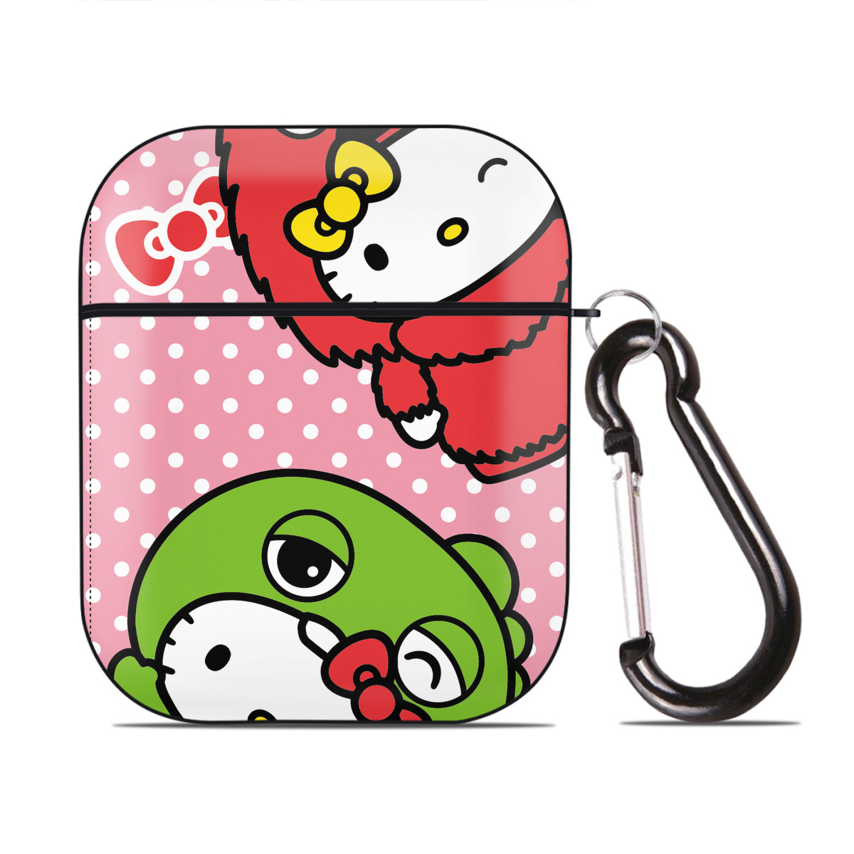 （画像用） Hello Kitty ハローキティ AirPods 第2世代保護ケース ハードシェル ブラック 耐衝撃・防指紋・カラビナ付き