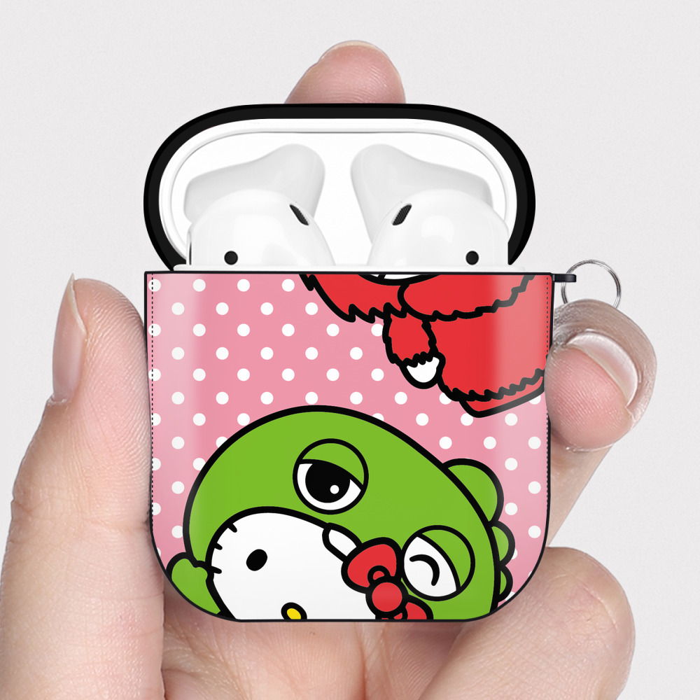 （画像用） Hello Kitty ハローキティ AirPods 第2世代保護ケース ハードシェル ブラック 耐衝撃・防指紋・カラビナ付き