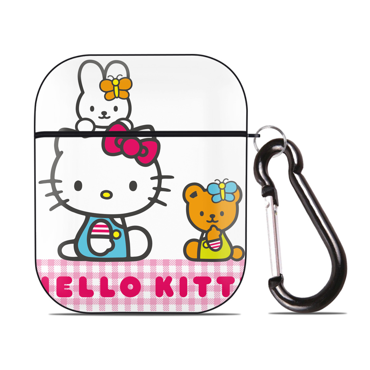 （画像用） Hello Kitty ハローキティ AirPods 第2世代保護ケース ハードシェル ブラック 耐衝撃・防指紋・カラビナ付き
