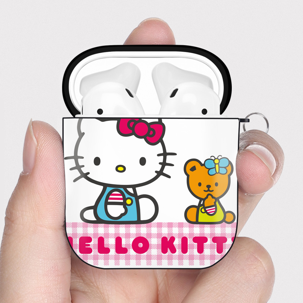 （画像用） Hello Kitty ハローキティ AirPods 第2世代保護ケース ハードシェル ブラック 耐衝撃・防指紋・カラビナ付き