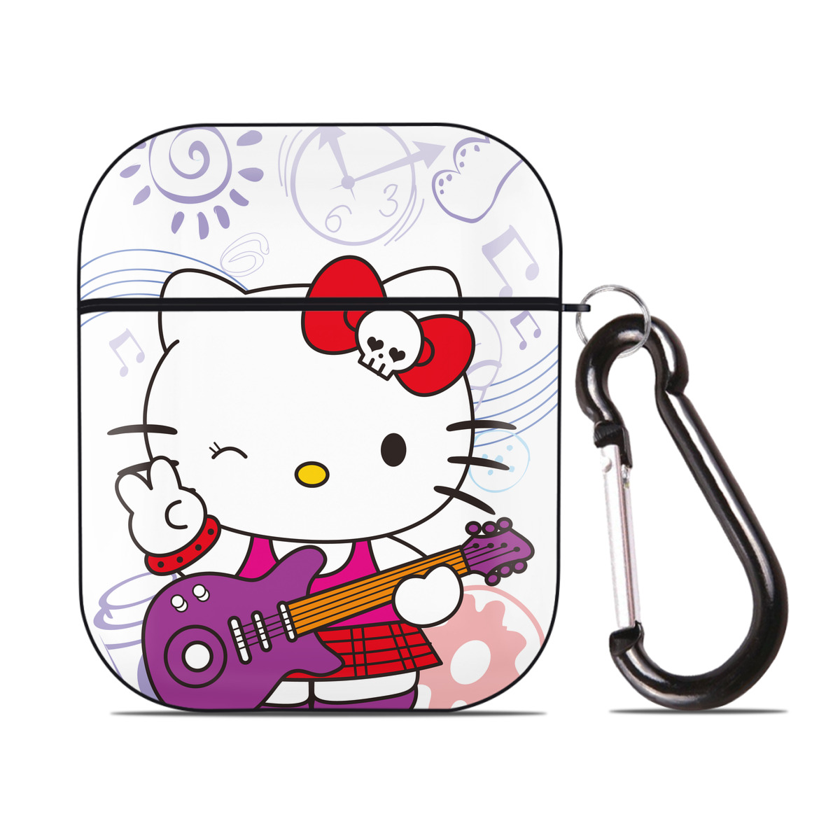 （画像用） Hello Kitty ハローキティ AirPods 第2世代保護ケース ハードシェル ブラック 耐衝撃・防指紋・カラビナ付き