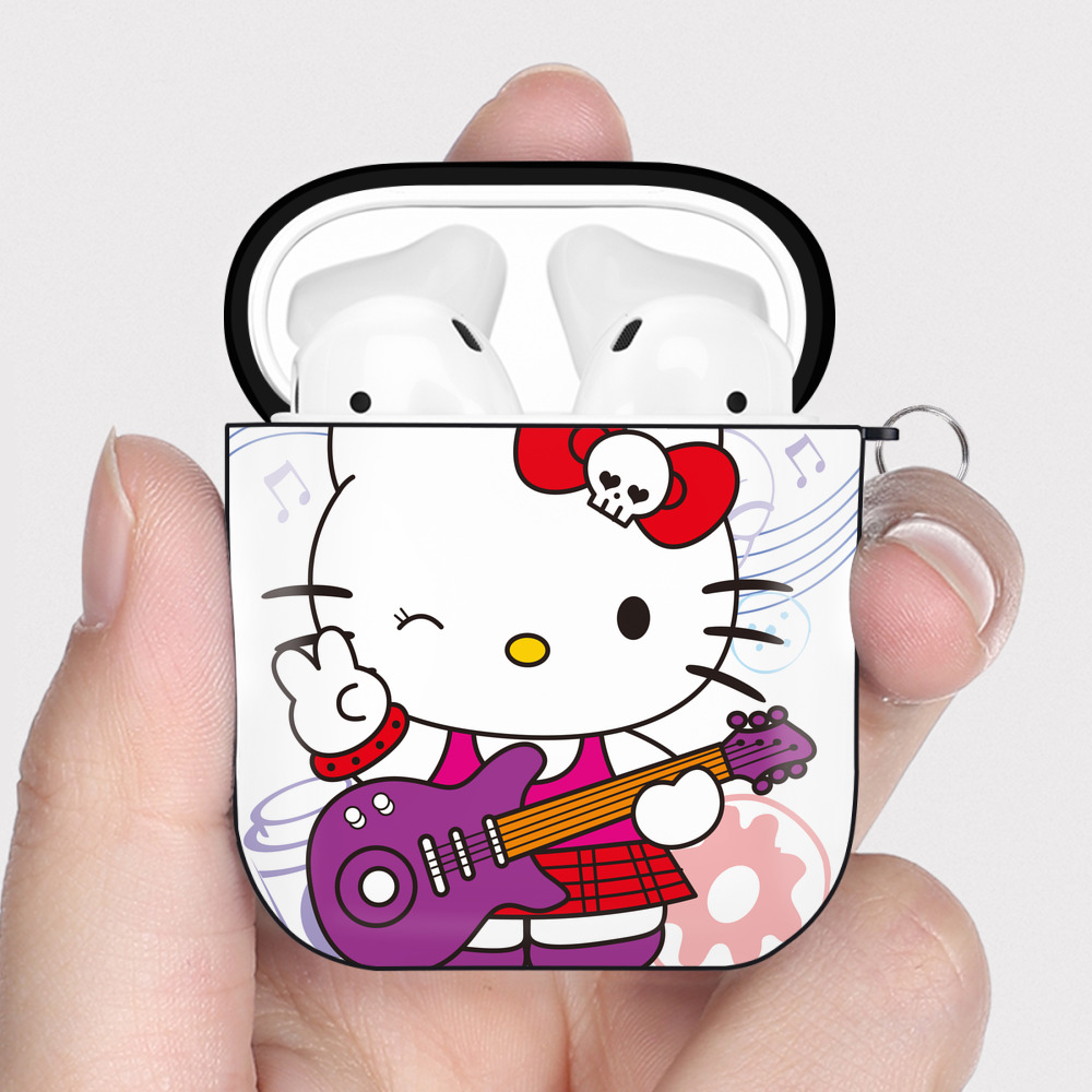 （画像用） Hello Kitty ハローキティ AirPods 第2世代保護ケース ハードシェル ブラック 耐衝撃・防指紋・カラビナ付き