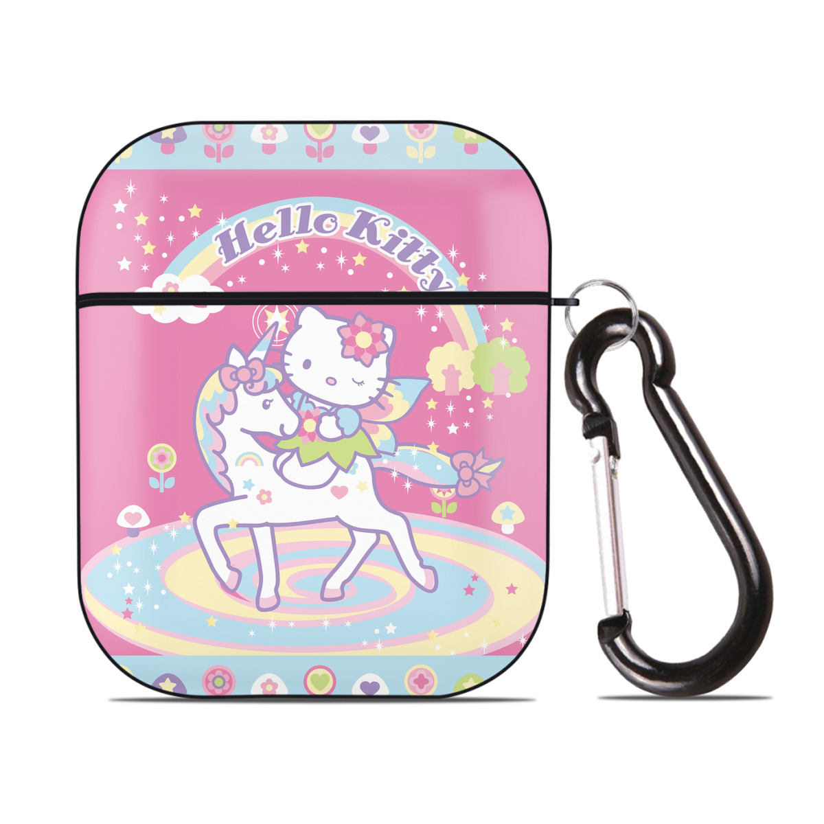 （画像用） Hello Kitty ハローキティ AirPods 第2世代保護ケース ハードシェル ブラック 耐衝撃・防指紋・カラビナ付き
