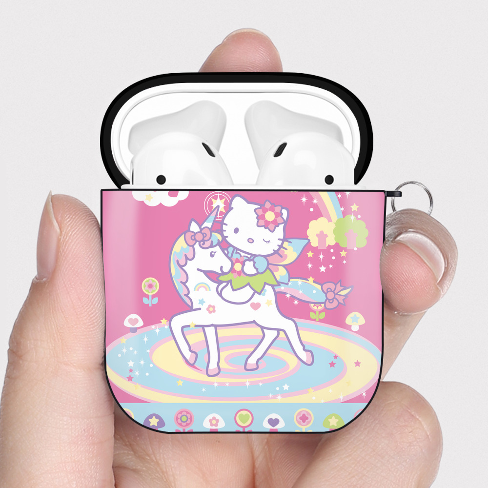 （画像用） Hello Kitty ハローキティ AirPods 第2世代保護ケース ハードシェル ブラック 耐衝撃・防指紋・カラビナ付き