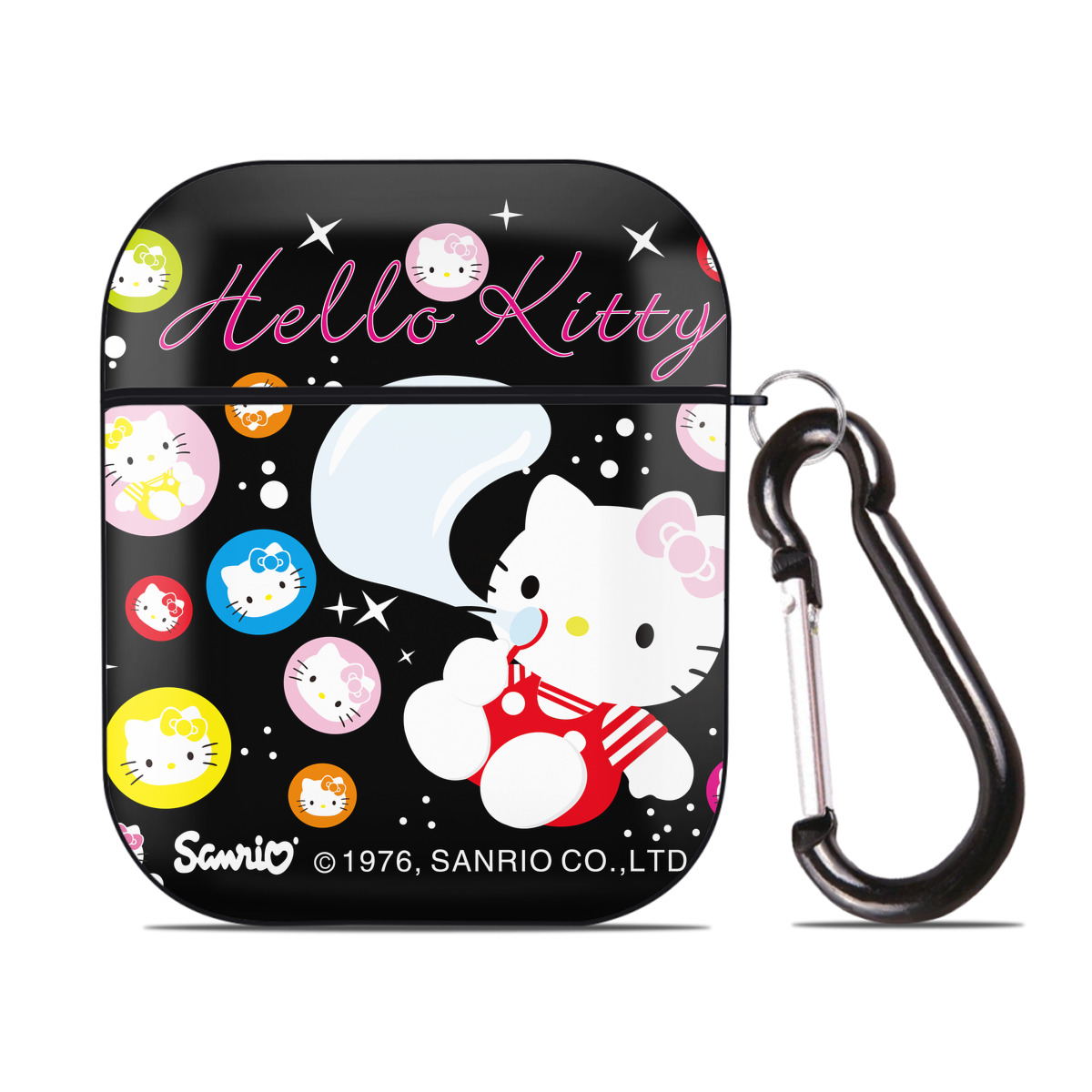 （画像用） Hello Kitty ハローキティ AirPods 第2世代保護ケース ハードシェル ブラック 耐衝撃・防指紋・カラビナ付き