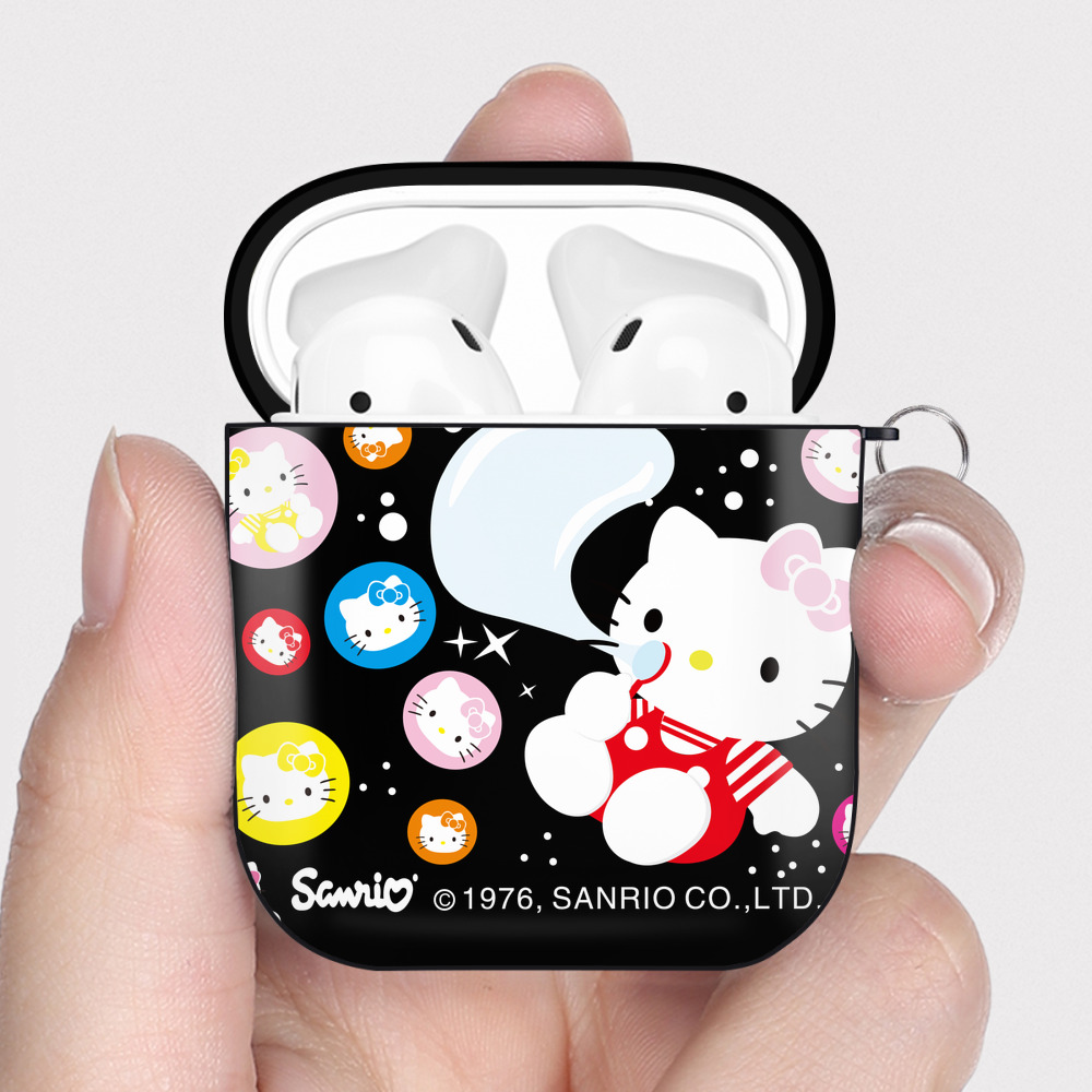 （画像用） Hello Kitty ハローキティ AirPods 第2世代保護ケース ハードシェル ブラック 耐衝撃・防指紋・カラビナ付き
