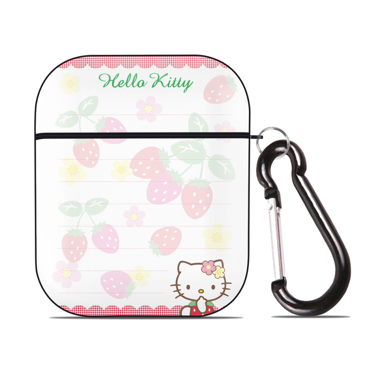 （画像用） Hello Kitty ハローキティ AirPods 第2世代保護ケース ハードシェル ブラック 耐衝撃・防指紋・カラビナ付き