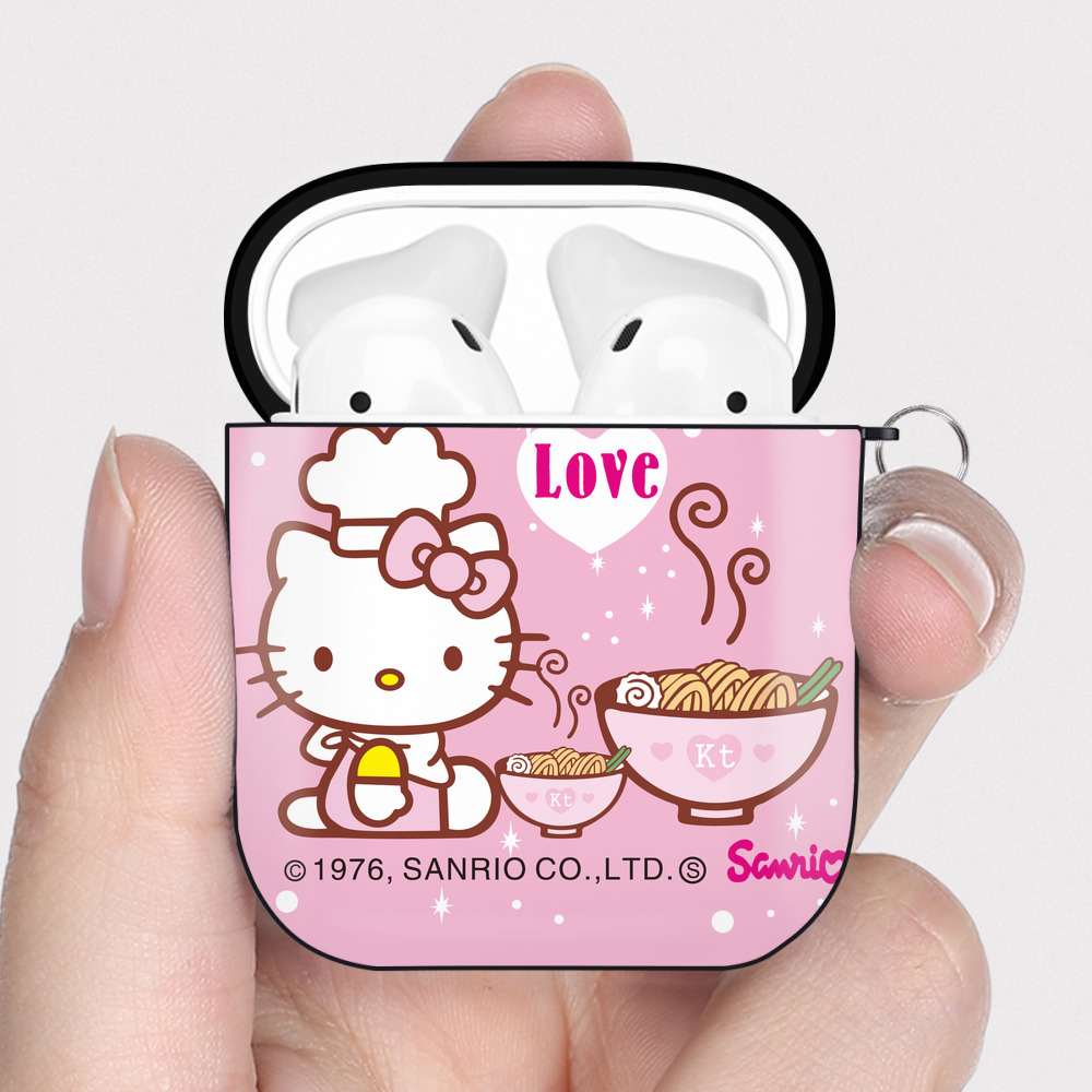 （画像用） Hello Kitty ハローキティ AirPods 第2世代保護ケース ハードシェル ブラック 耐衝撃・防指紋・カラビナ付き