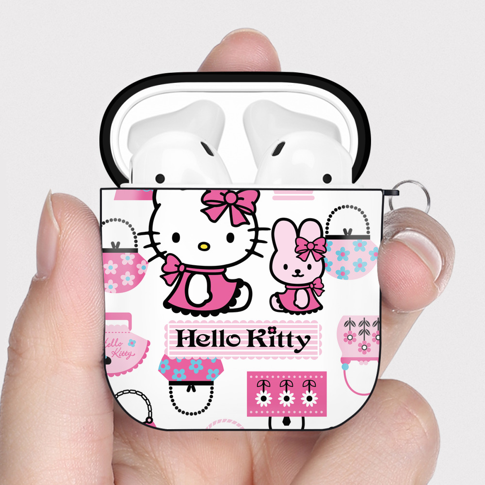 （画像用） Hello Kitty ハローキティ AirPods 第2世代保護ケース ハードシェル ブラック 耐衝撃・防指紋・カラビナ付き