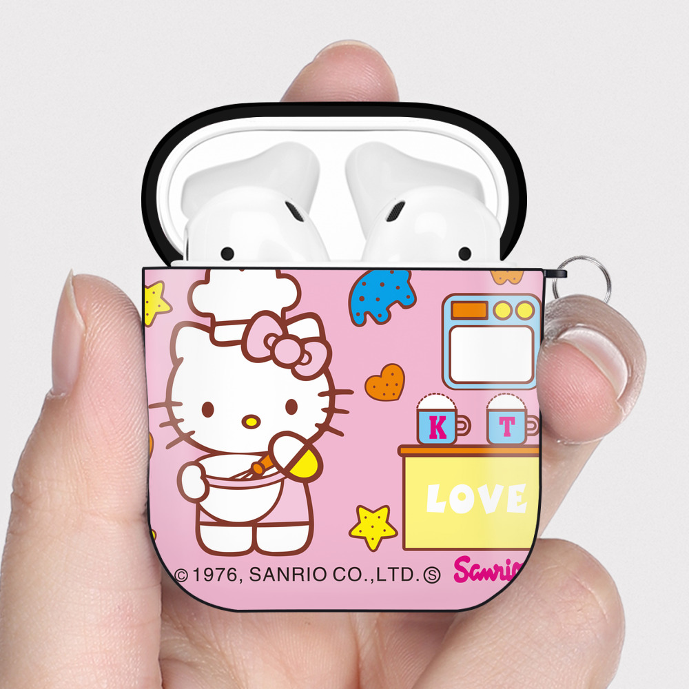 （画像用） Hello Kitty ハローキティ AirPods 第2世代保護ケース ハードシェル ブラック 耐衝撃・防指紋・カラビナ付き