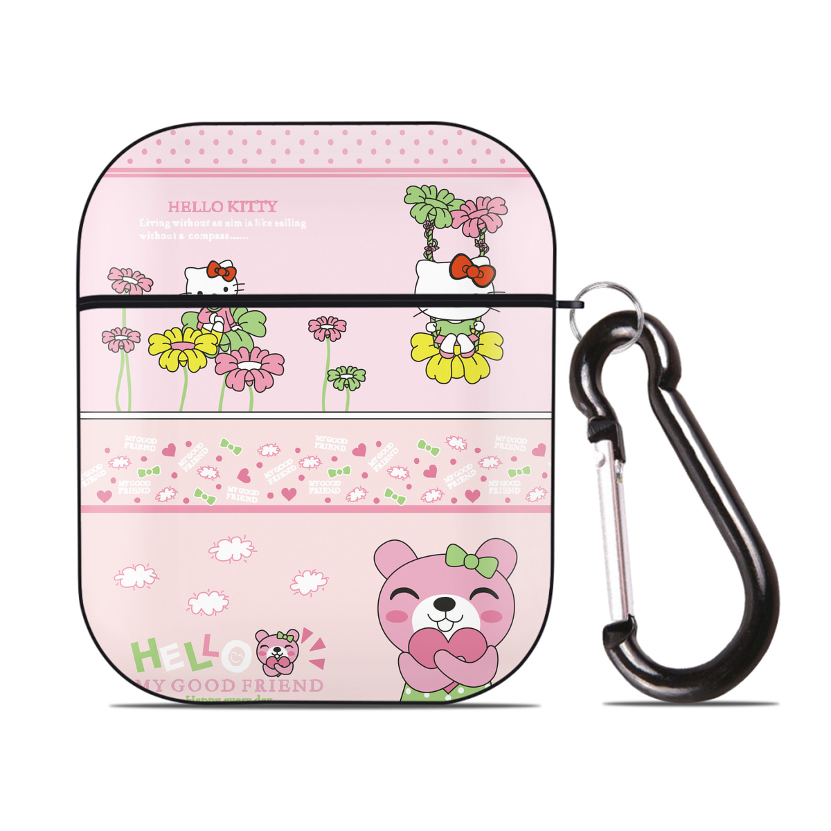 （画像用） Hello Kitty ハローキティ AirPods 第2世代保護ケース ハードシェル ブラック 耐衝撃・防指紋・カラビナ付き