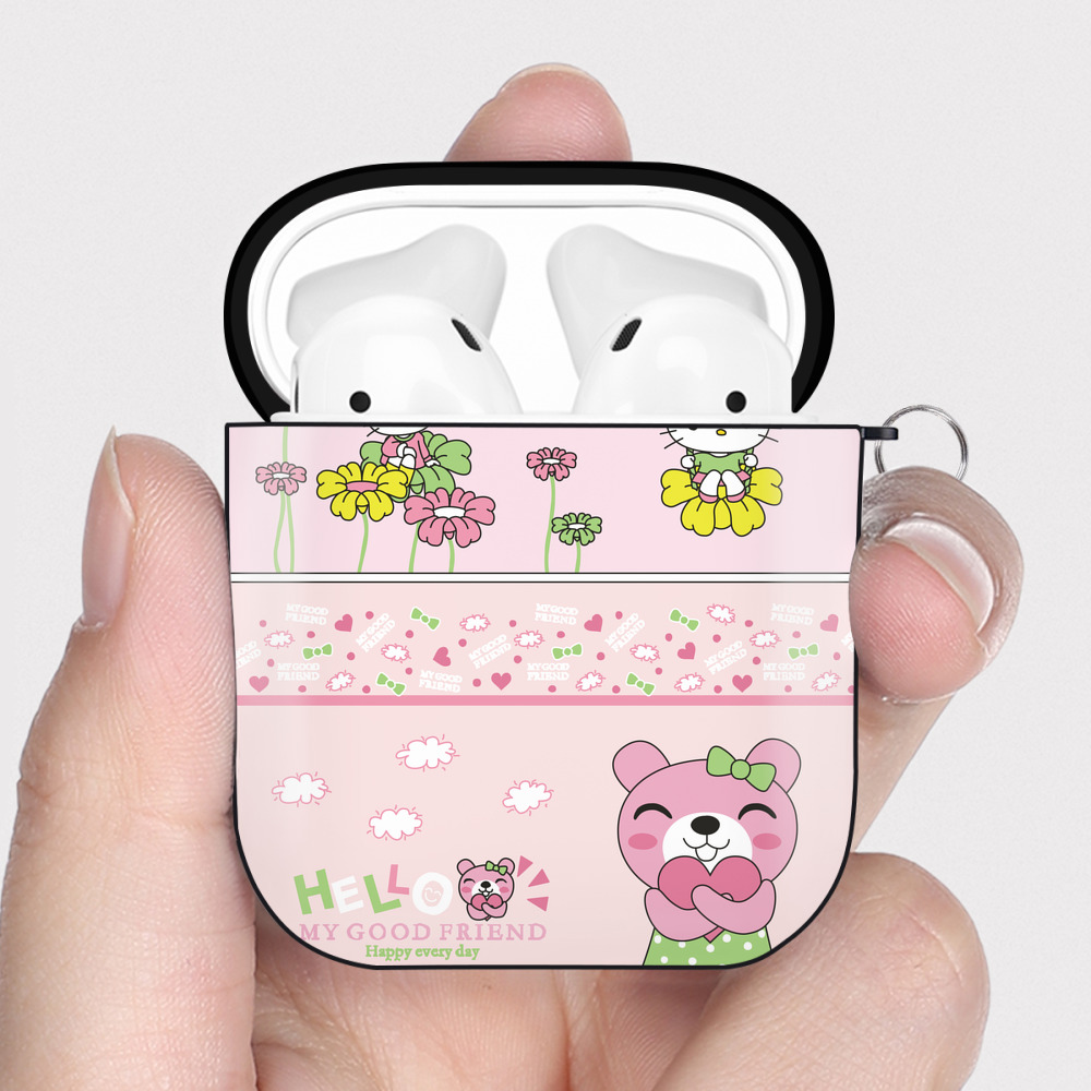 （画像用） Hello Kitty ハローキティ AirPods 第2世代保護ケース ハードシェル ブラック 耐衝撃・防指紋・カラビナ付き