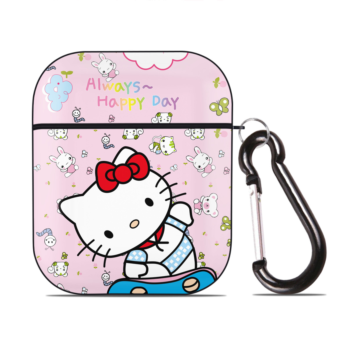 （画像用） Hello Kitty ハローキティ AirPods 第2世代保護ケース ハードシェル ブラック 耐衝撃・防指紋・カラビナ付き