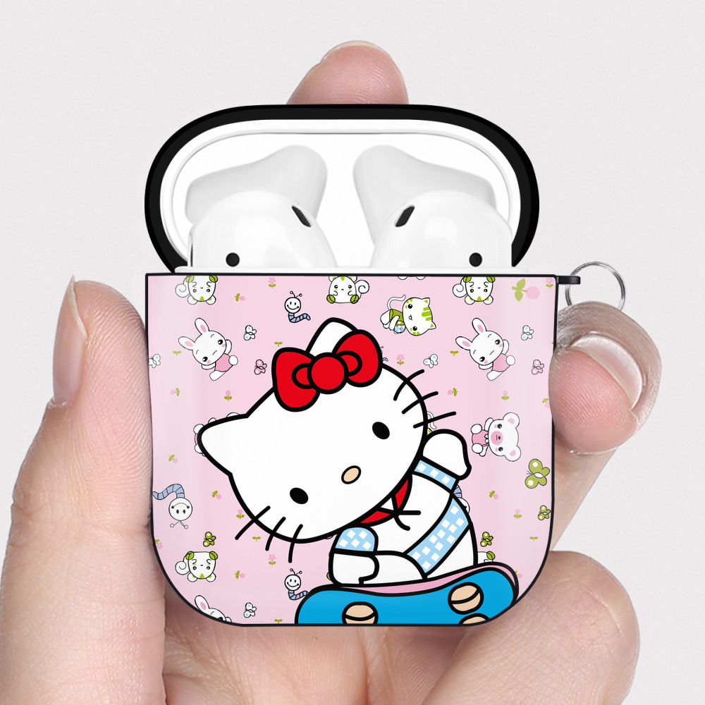 （画像用） Hello Kitty ハローキティ AirPods 第2世代保護ケース ハードシェル ブラック 耐衝撃・防指紋・カラビナ付き