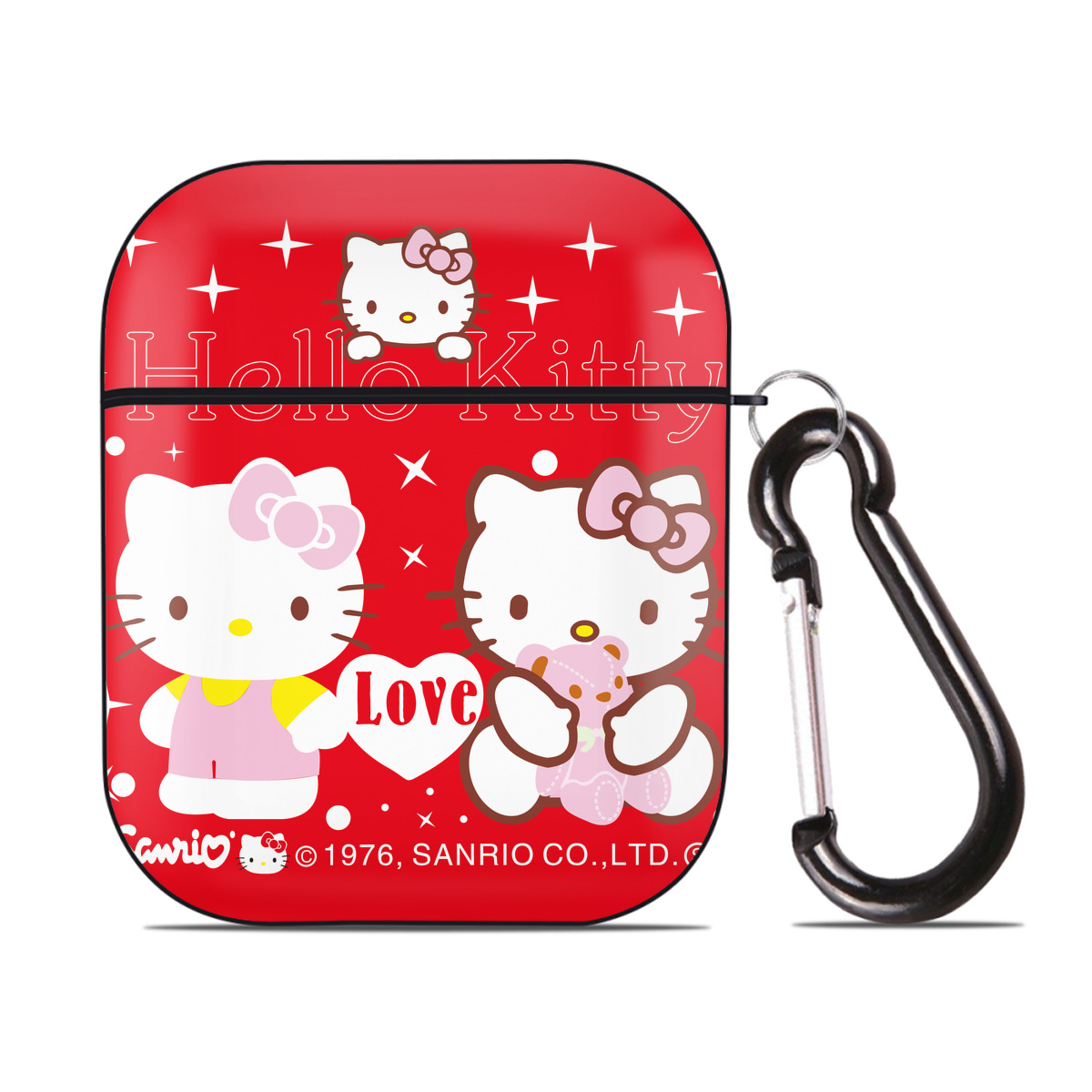 （画像用） Hello Kitty ハローキティ AirPods 第2世代保護ケース ハードシェル ブラック 耐衝撃・防指紋・カラビナ付き