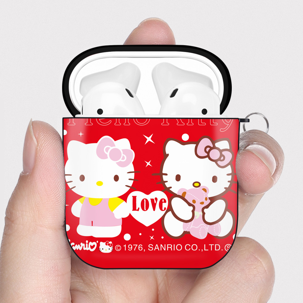 （画像用） Hello Kitty ハローキティ AirPods 第2世代保護ケース ハードシェル ブラック 耐衝撃・防指紋・カラビナ付き