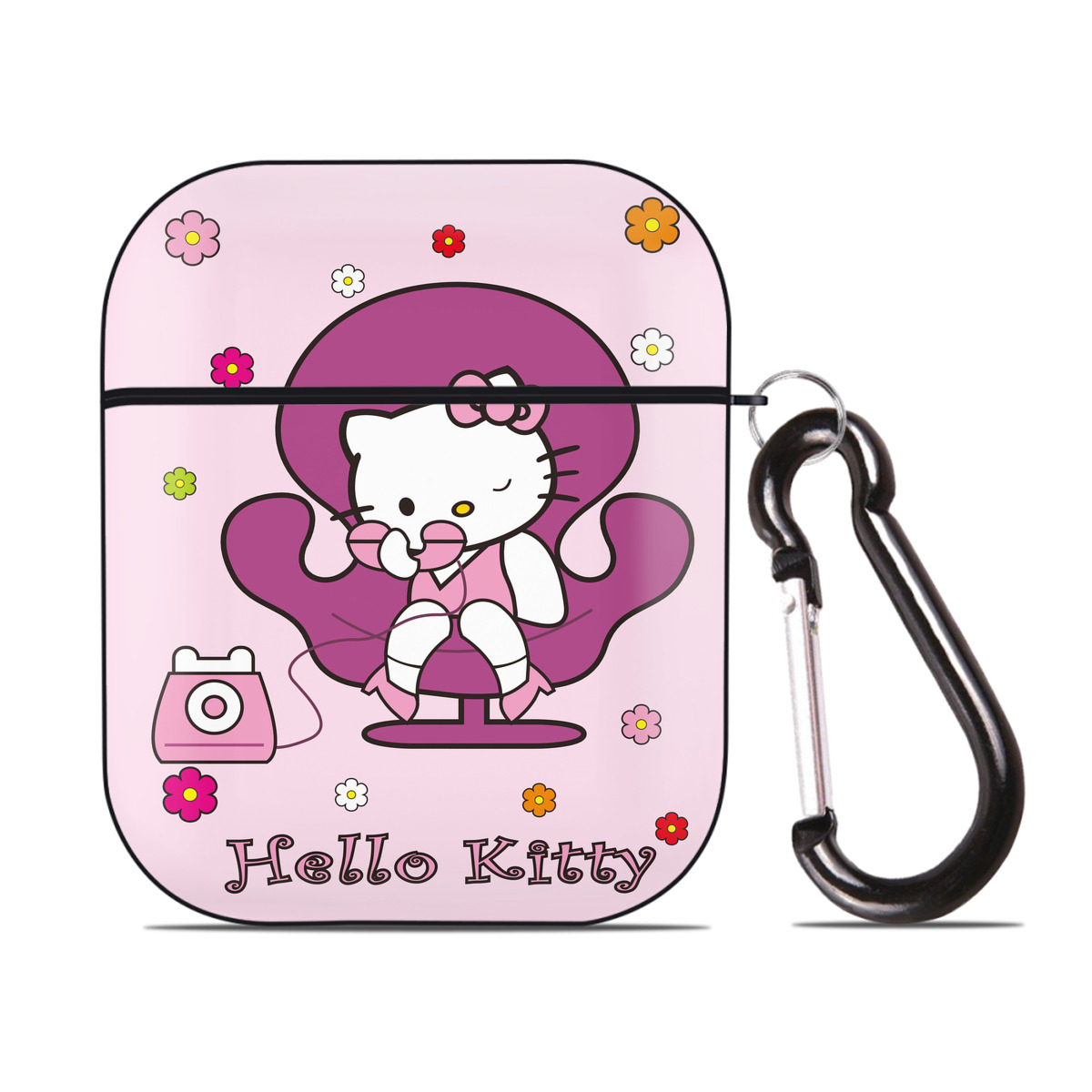 （画像用） Hello Kitty ハローキティ AirPods 第2世代保護ケース ハードシェル ブラック 耐衝撃・防指紋・カラビナ付き