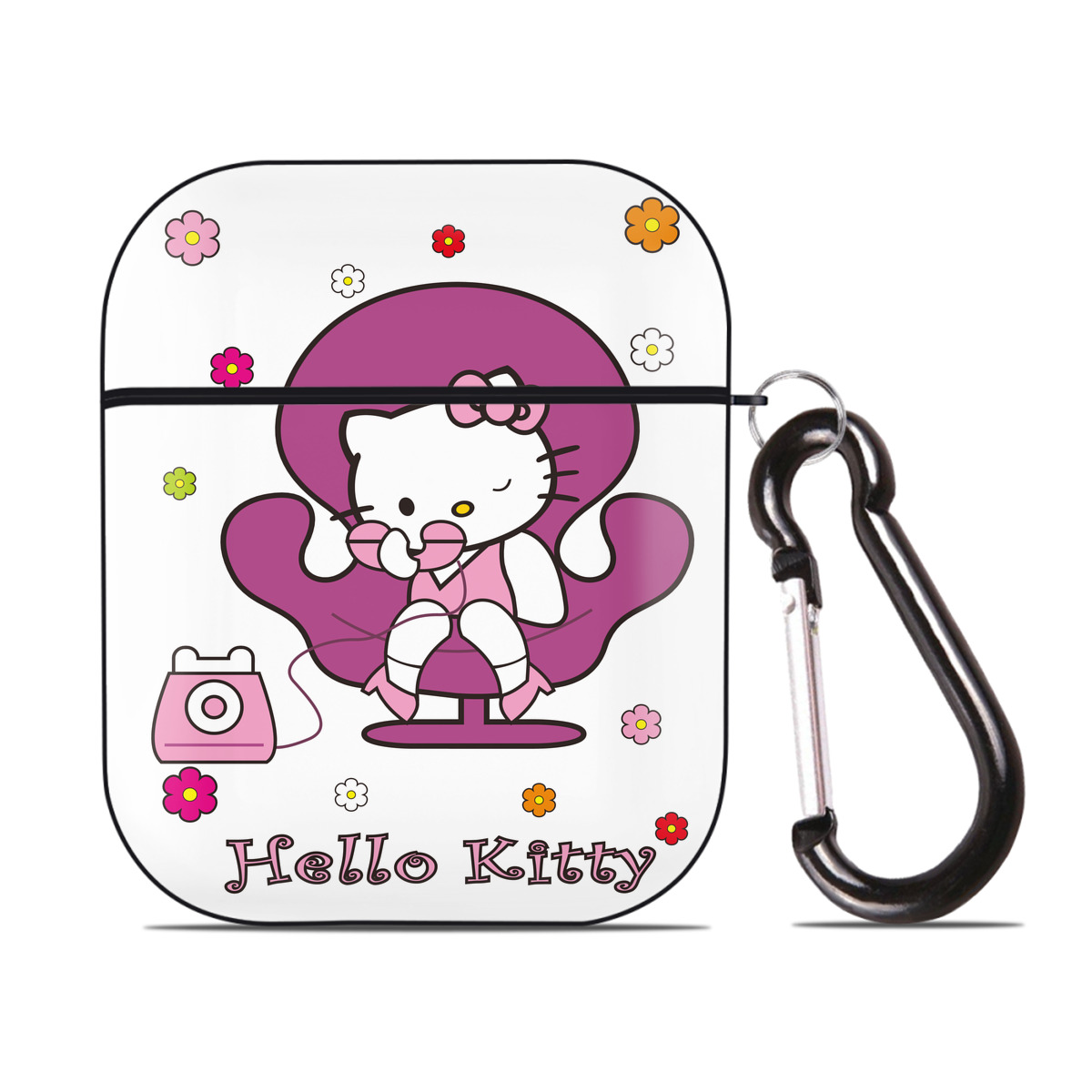 （画像用） Hello Kitty ハローキティ AirPods 第2世代保護ケース ハードシェル ブラック 耐衝撃・防指紋・カラビナ付き