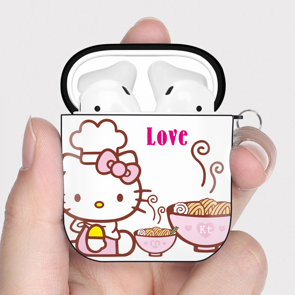 （画像用） Hello Kitty ハローキティ AirPods 第2世代保護ケース ハードシェル ブラック 耐衝撃・防指紋・カラビナ付き