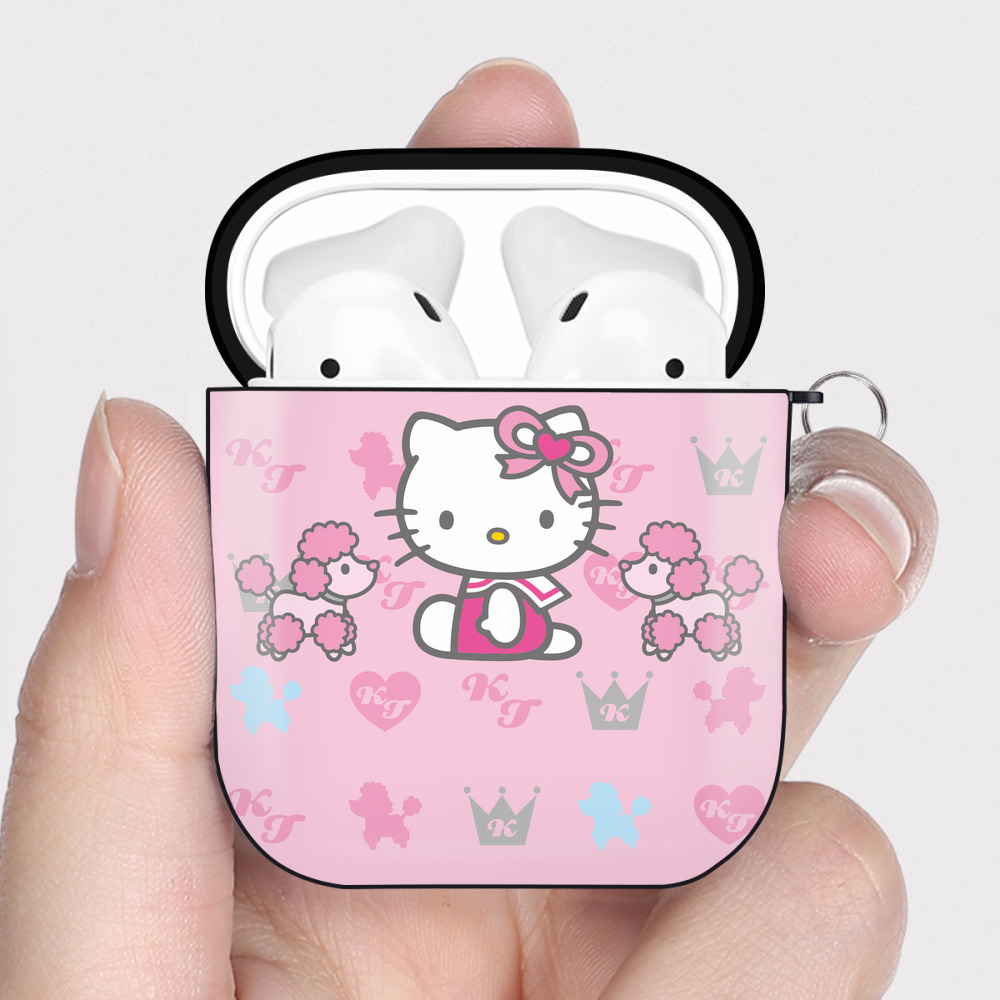 （画像用） Hello Kitty ハローキティ AirPods 第2世代保護ケース ハードシェル ブラック 耐衝撃・防指紋・カラビナ付き