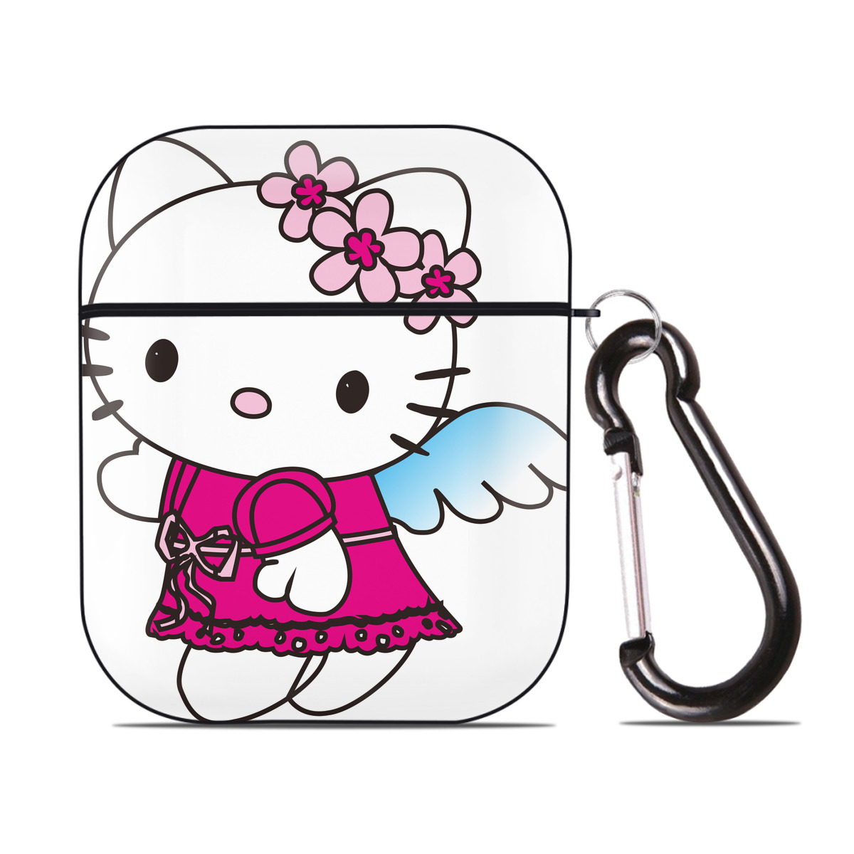 （画像用） Hello Kitty ハローキティ AirPods 第2世代保護ケース ハードシェル ブラック 耐衝撃・防指紋・カラビナ付き