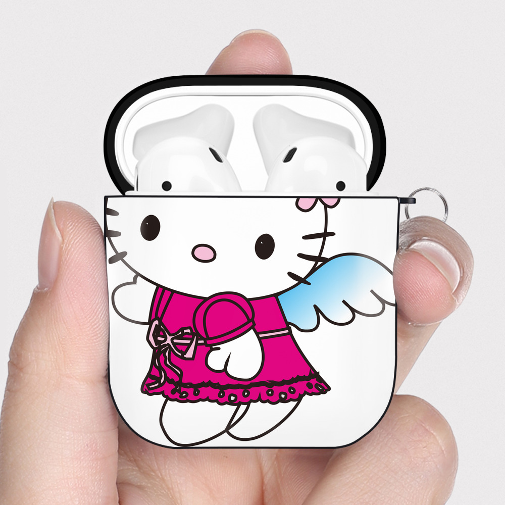 （画像用） Hello Kitty ハローキティ AirPods 第2世代保護ケース ハードシェル ブラック 耐衝撃・防指紋・カラビナ付き
