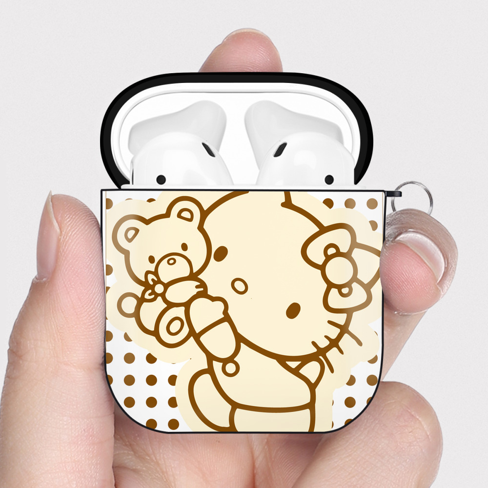 （画像用） Hello Kitty ハローキティ AirPods 第2世代保護ケース ハードシェル ブラック 耐衝撃・防指紋・カラビナ付き