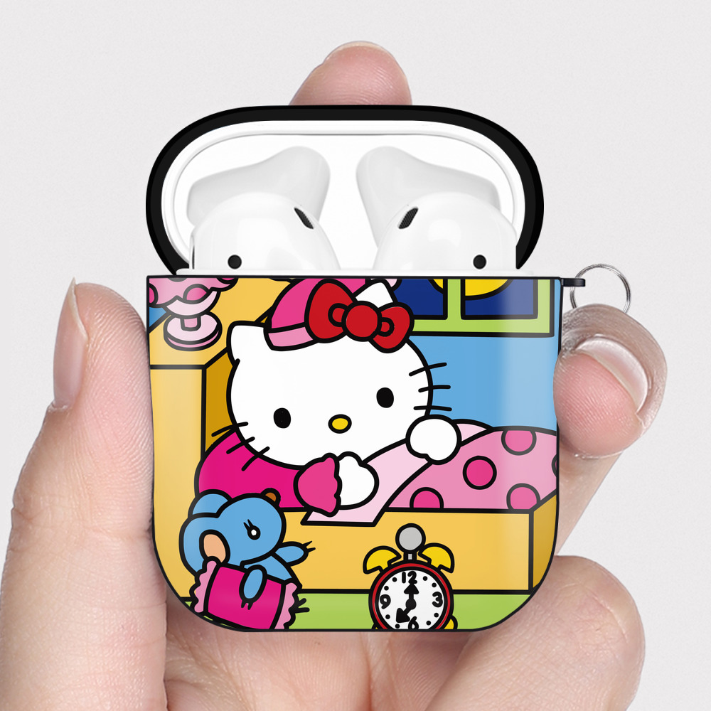 （画像用） Hello Kitty ハローキティ AirPods 第2世代保護ケース ハードシェル ブラック 耐衝撃・防指紋・カラビナ付き