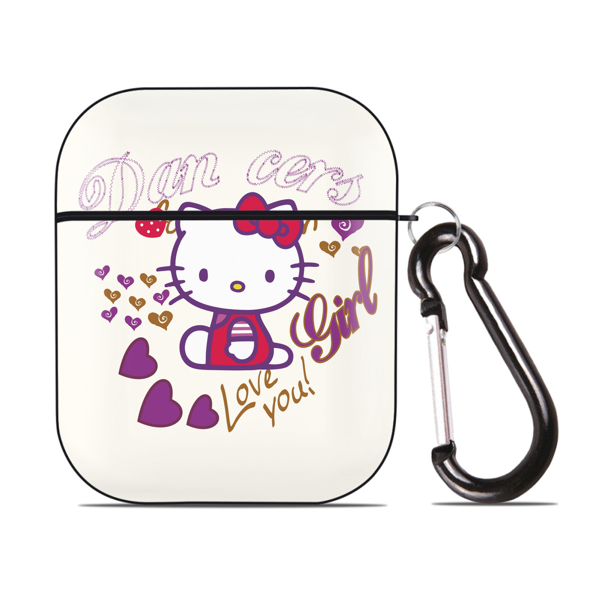 （画像用） Hello Kitty ハローキティ AirPods 第2世代保護ケース ハードシェル ブラック 耐衝撃・防指紋・カラビナ付き
