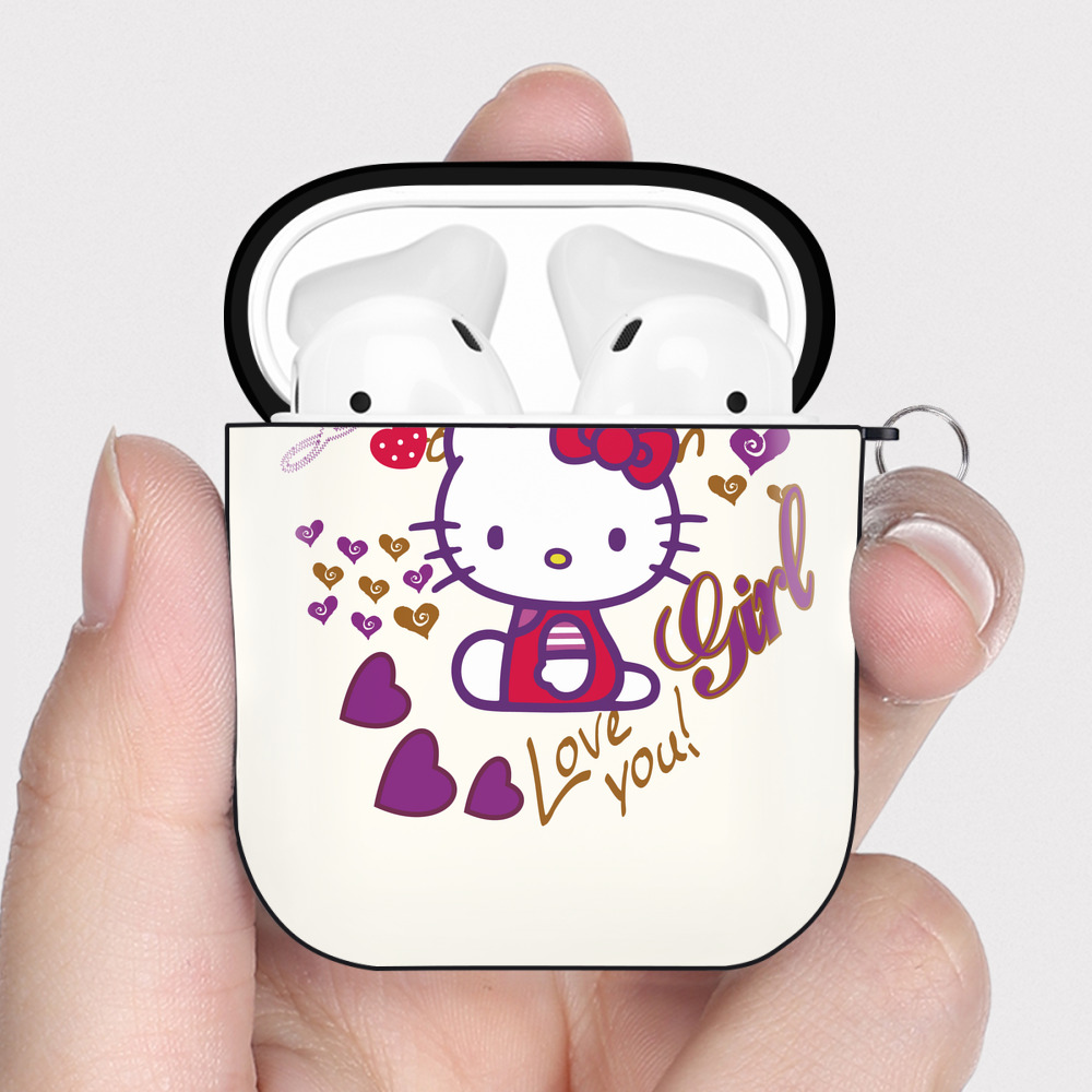 （画像用） Hello Kitty ハローキティ AirPods 第2世代保護ケース ハードシェル ブラック 耐衝撃・防指紋・カラビナ付き