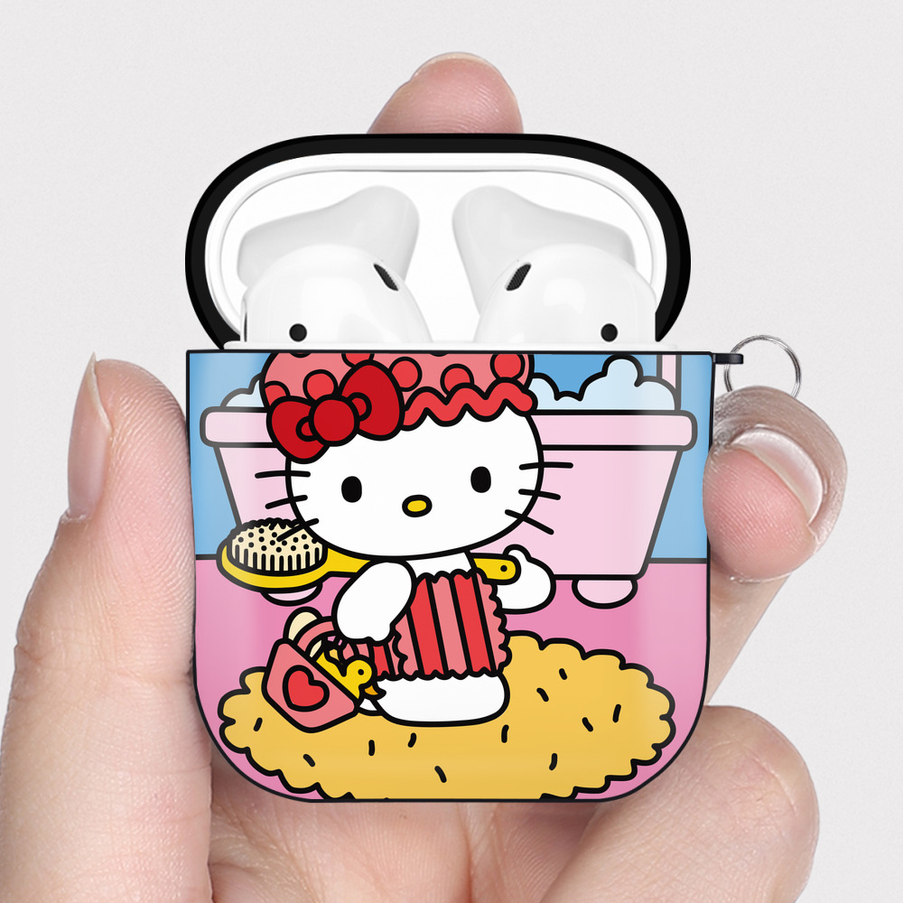 （画像用） Hello Kitty ハローキティ AirPods 第2世代保護ケース ハードシェル ブラック 耐衝撃・防指紋・カラビナ付き