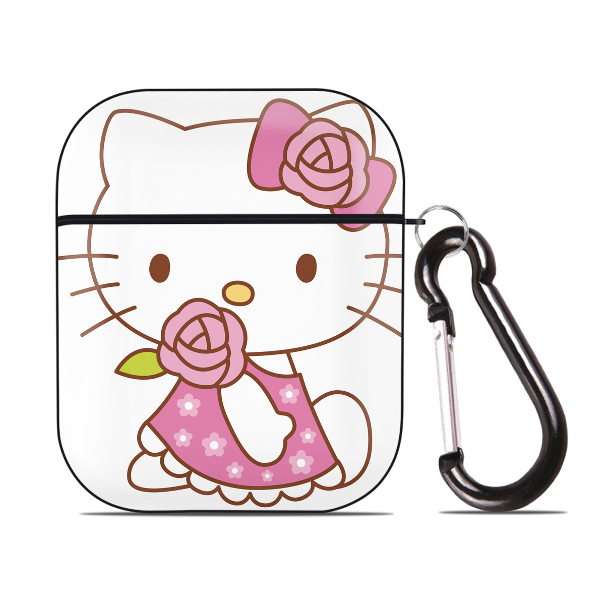 （画像用） Hello Kitty ハローキティ AirPods 第2世代保護ケース ハードシェル ブラック 耐衝撃・防指紋・カラビナ付き