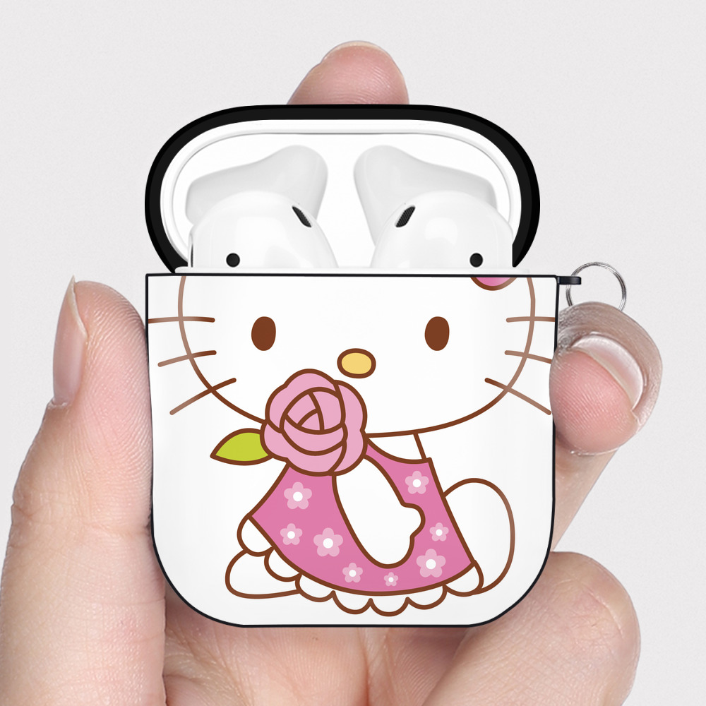 （画像用） Hello Kitty ハローキティ AirPods 第2世代保護ケース ハードシェル ブラック 耐衝撃・防指紋・カラビナ付き