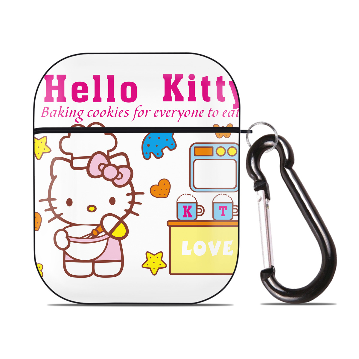 （画像用） Hello Kitty ハローキティ AirPods 第2世代保護ケース ハードシェル ブラック 耐衝撃・防指紋・カラビナ付き