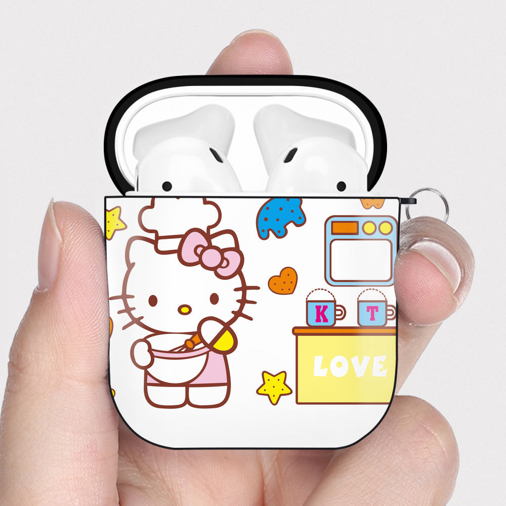 （画像用） Hello Kitty ハローキティ AirPods 第2世代保護ケース ハードシェル ブラック 耐衝撃・防指紋・カラビナ付き