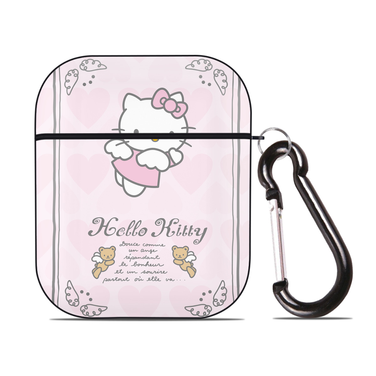 （画像用） Hello Kitty ハローキティ AirPods 第2世代保護ケース ハードシェル ブラック 耐衝撃・防指紋・カラビナ付き
