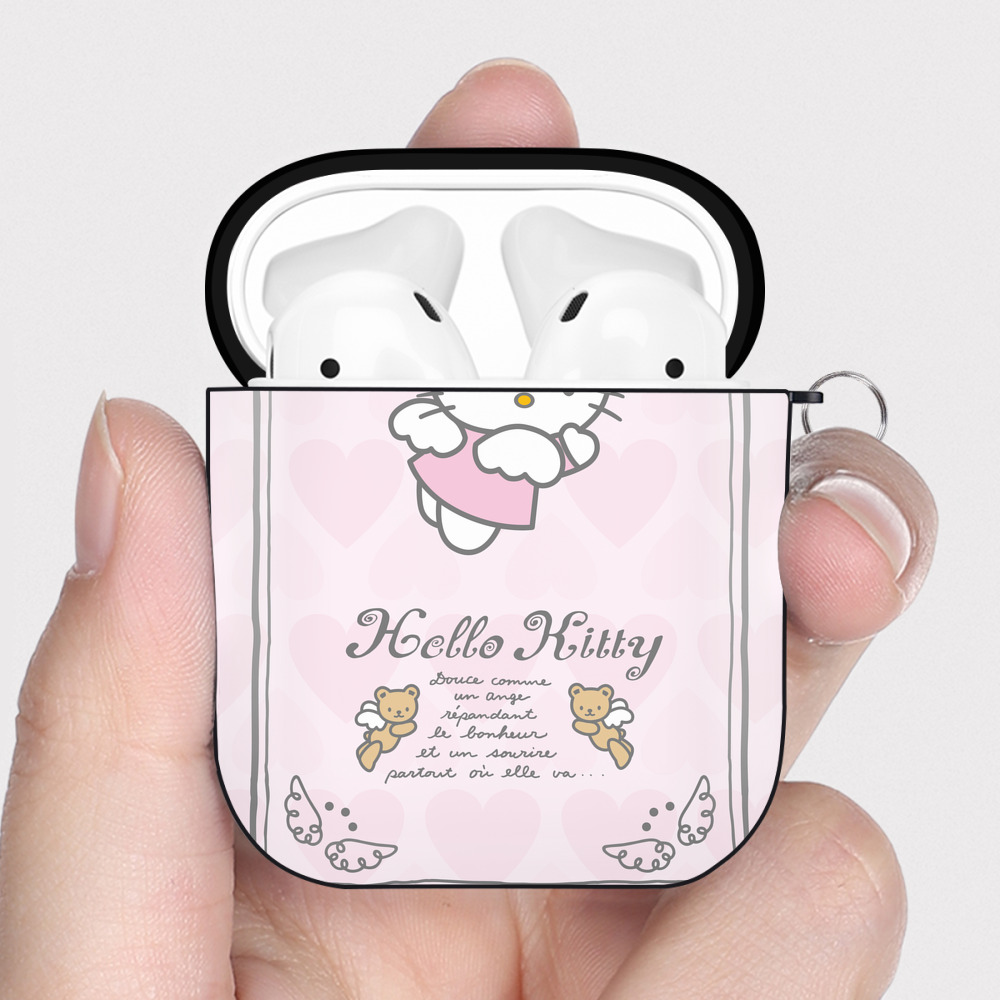 （画像用） Hello Kitty ハローキティ AirPods 第2世代保護ケース ハードシェル ブラック 耐衝撃・防指紋・カラビナ付き