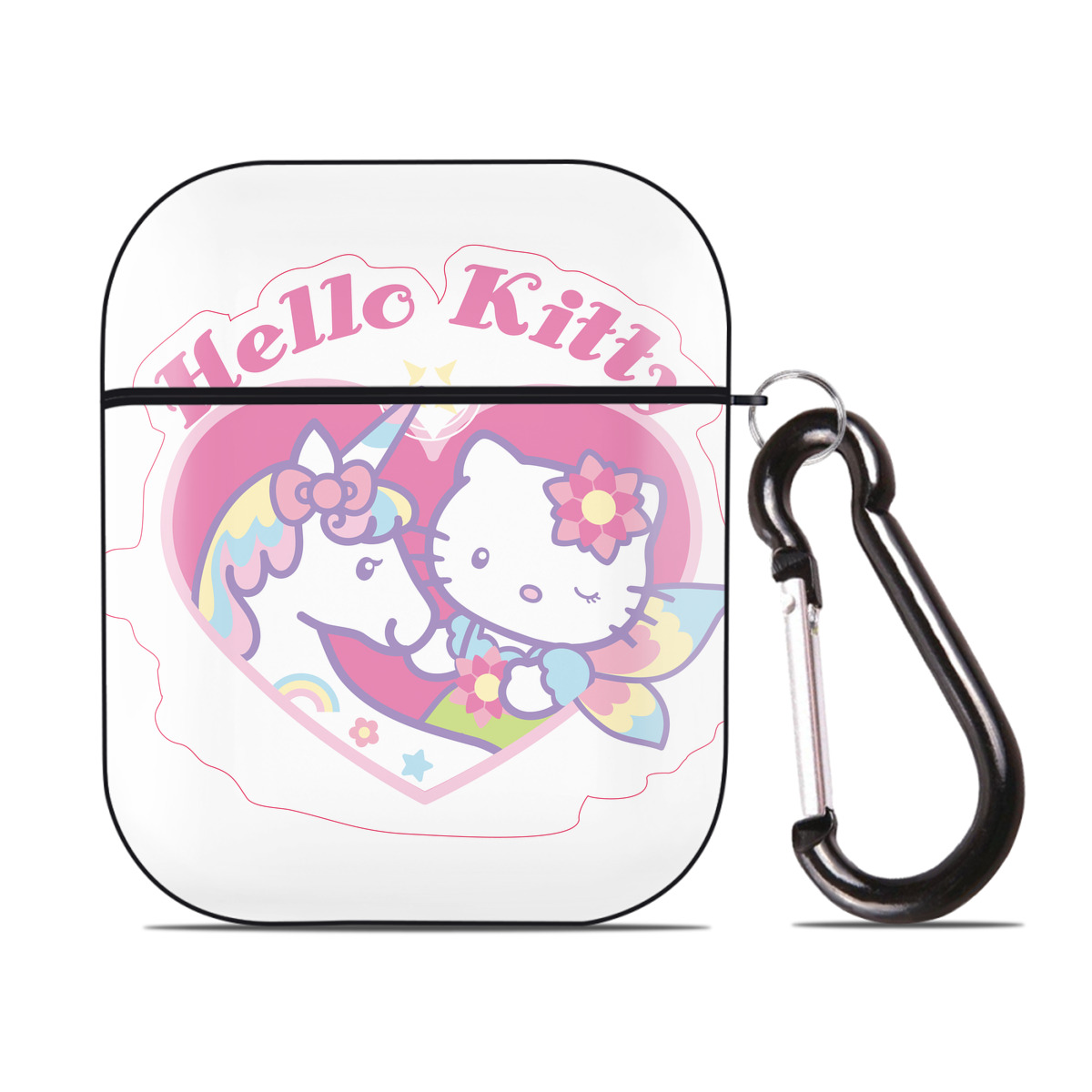 （画像用） Hello Kitty ハローキティ AirPods 第2世代保護ケース ハードシェル ブラック 耐衝撃・防指紋・カラビナ付き