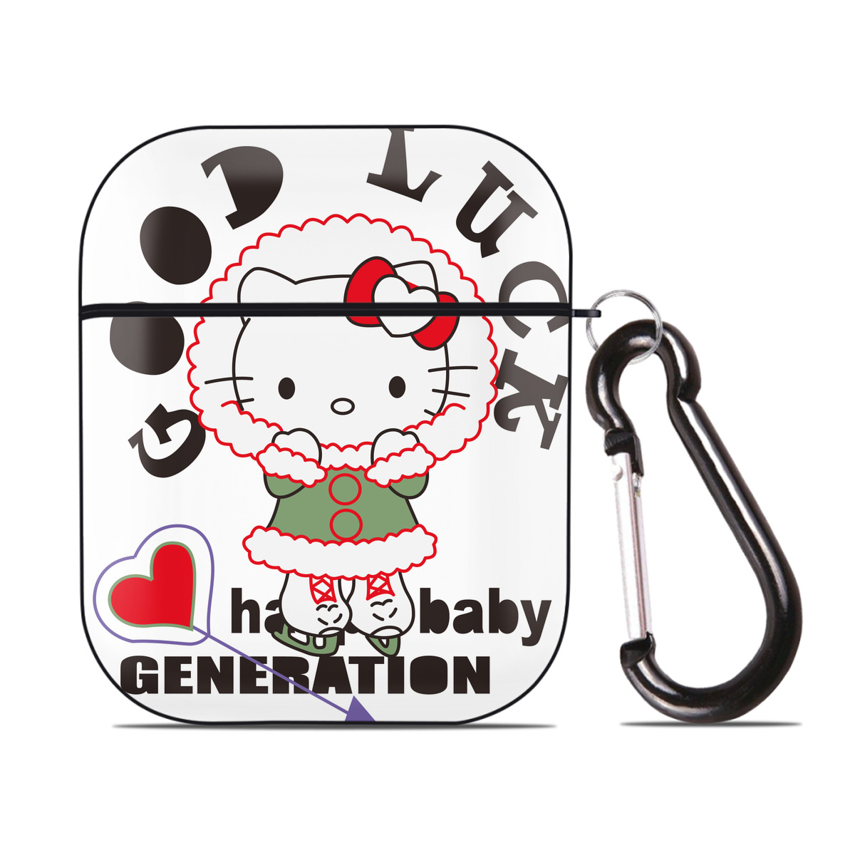 （画像用） Hello Kitty ハローキティ AirPods 第2世代保護ケース ハードシェル ブラック 耐衝撃・防指紋・カラビナ付き