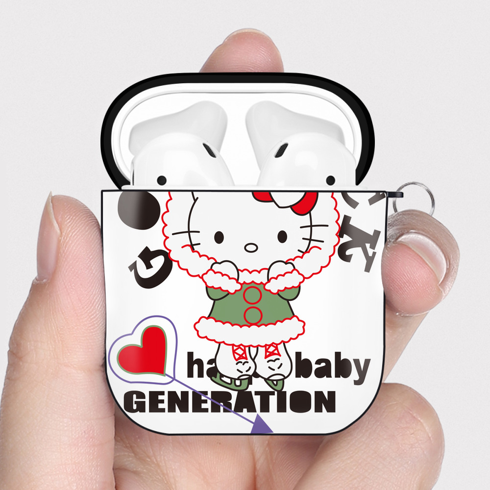 （画像用） Hello Kitty ハローキティ AirPods 第2世代保護ケース ハードシェル ブラック 耐衝撃・防指紋・カラビナ付き