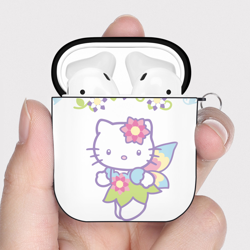 （画像用） Hello Kitty ハローキティ AirPods 第2世代保護ケース ハードシェル ブラック 耐衝撃・防指紋・カラビナ付き