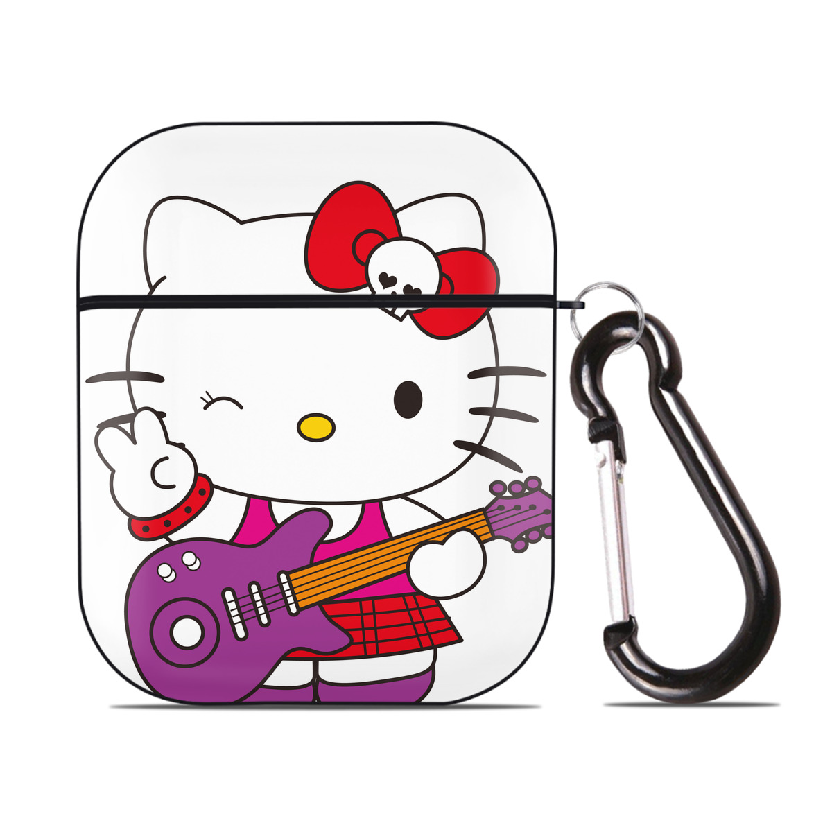 （画像用） Hello Kitty ハローキティ AirPods 第2世代保護ケース ハードシェル ブラック 耐衝撃・防指紋・カラビナ付き