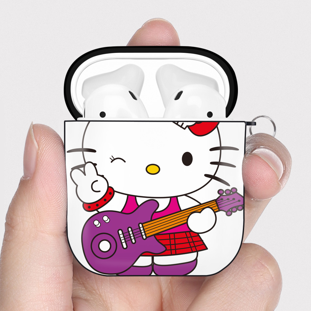 （画像用） Hello Kitty ハローキティ AirPods 第2世代保護ケース ハードシェル ブラック 耐衝撃・防指紋・カラビナ付き