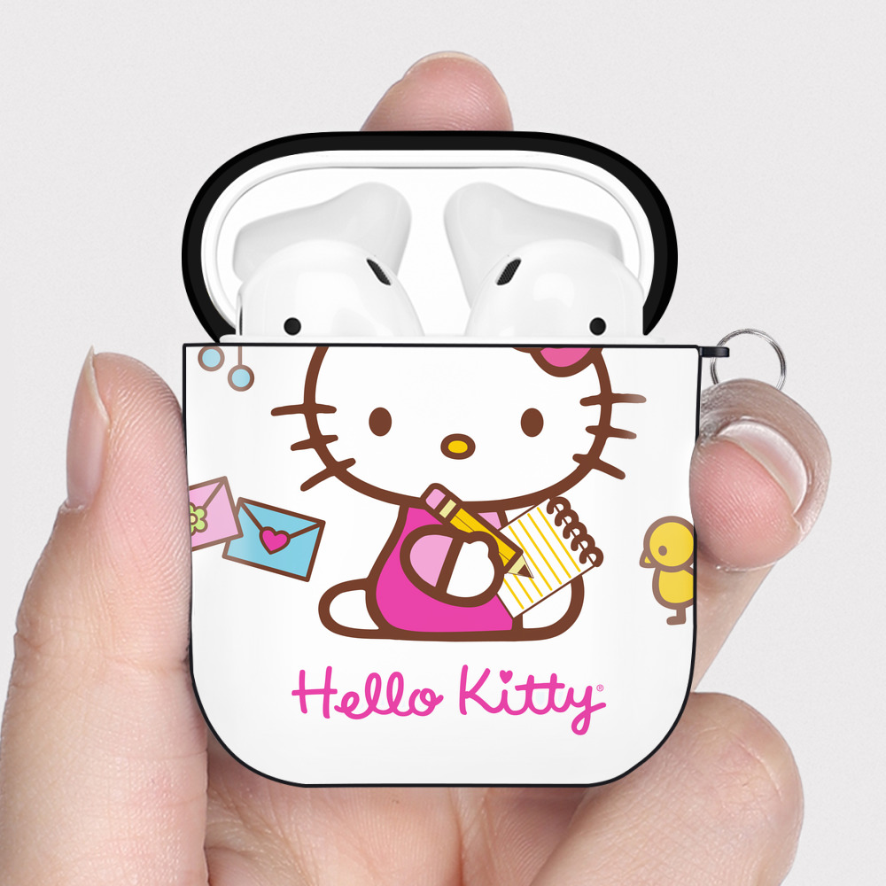 （画像用） Hello Kitty ハローキティ AirPods 第2世代保護ケース ハードシェル ブラック 耐衝撃・防指紋・カラビナ付き