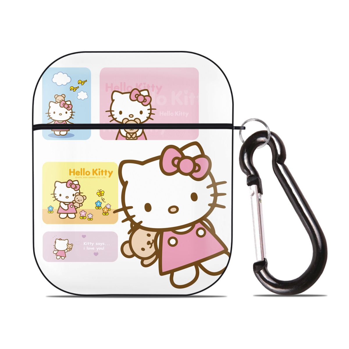 （画像用） Hello Kitty ハローキティ AirPods 第2世代保護ケース ハードシェル ブラック 耐衝撃・防指紋・カラビナ付き
