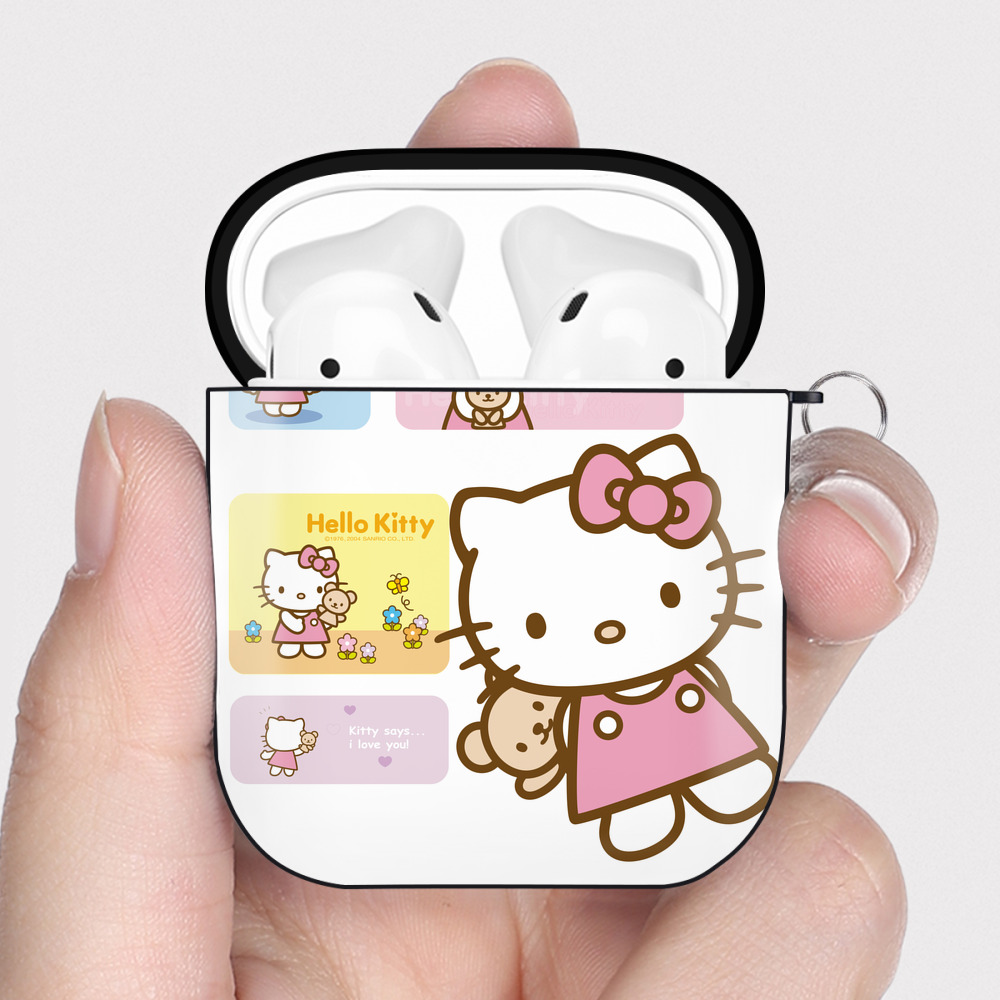 （画像用） Hello Kitty ハローキティ AirPods 第2世代保護ケース ハードシェル ブラック 耐衝撃・防指紋・カラビナ付き