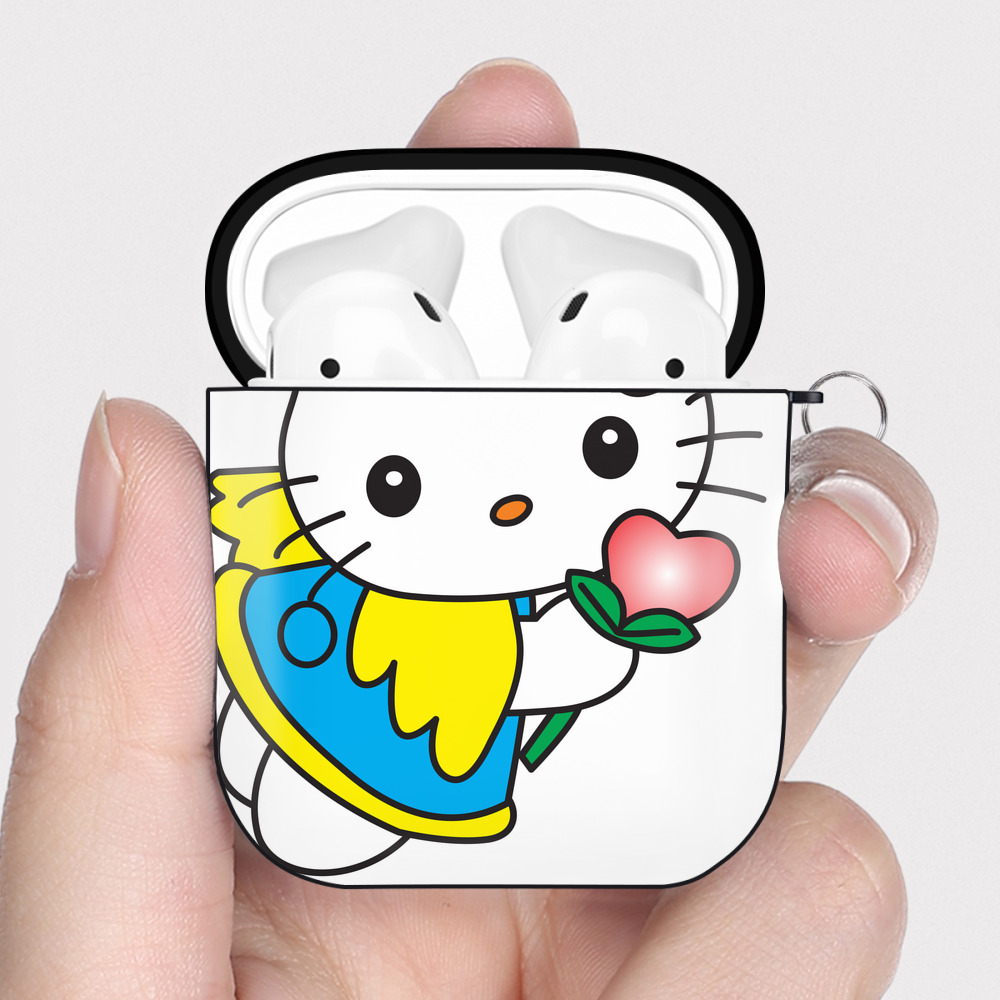 （画像用） Hello Kitty ハローキティ AirPods 第2世代保護ケース ハードシェル ブラック 耐衝撃・防指紋・カラビナ付き