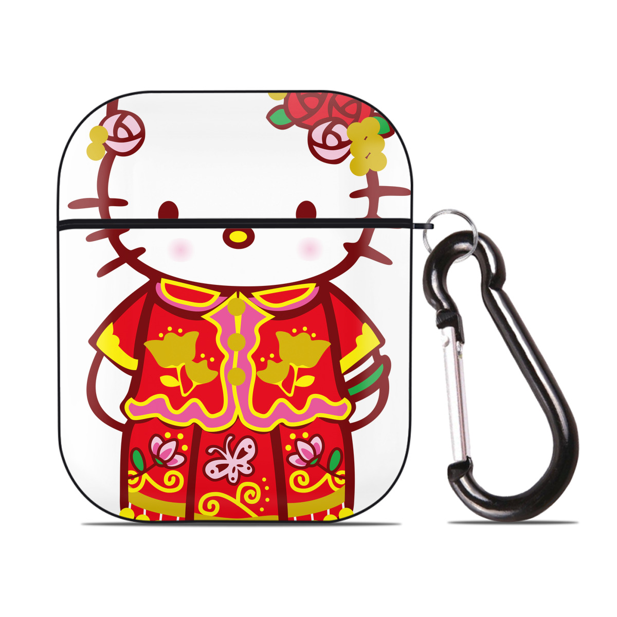 （画像用） Hello Kitty ハローキティ AirPods 第2世代保護ケース ハードシェル ブラック 耐衝撃・防指紋・カラビナ付き